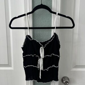 Ruffle Trim Tie-Front Cami Tank Top - Black
